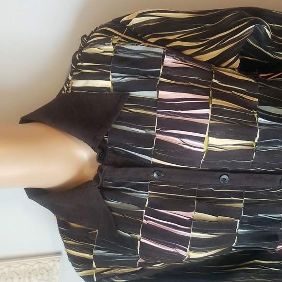 Boho Groovy Brown Striped Pastel Raw Hem Stretch Fringed Square Top Size L - Picture 6 of 16